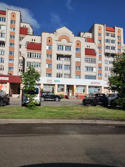 The image shows a multi-story residential and commercial building in Polatsk, Belarus, on a sunny day. The building features light-colored brickwork with red accents on the rooflines and around arched windows. The ground floor has several storefronts, including a pharmacy, a sewing shop, and a beauty salon. Several cars are parked in front of the building and on the street. A small tree stands in front of one of the storefronts, and a patch of green grass with white flowers separates the sidewalk from the road. The sky is blue with some white clouds.
