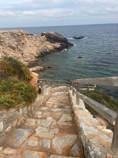 The image displays a coastal scene in Cabo De Palos, Spain, featuring a descending stone staircase leading towards the sea. The foreground is occupied by a pathway constructed from irregular flagstones and mortar, flanked by low stone walls and weathered wooden handrails on both sides. To the left, dense green and reddish-brown scrub vegetation grows on the adjacent rocky incline. The midground reveals a rugged coastline composed of layered tan and dark grey rock formations forming cliffs that meet the clear, blue-green seawater. Multiple dark rock outcrops are visible within the water near the shore. The background consists of the open, deep blue-grey sea extending to a distant horizon under an overcast, light grey sky. No individuals or animate subjects are present.