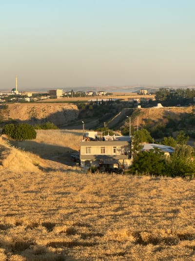 This is a landscape photograph taken in Adıyaman, Turkey, during what appears to be sunset due to the warm, golden light illuminating the scene. The image is oriented vertically, with the sky taking up the left portion and a field of dry, golden grass or crops dominating the right.
In the middle ground, a small settlement is visible nestled on a hillside. Several buildings with white exteriors and some with light-colored roofs are scattered along the slopes. One prominent building in the foreground is a multi-story structure with white walls and windows. Adjacent to it are smaller structures, and a satellite dish is visible on the rooftop of one. Further down the hillside, a road or path winds its way through the landscape.
Further into the distance, more buildings and a distinct minaret of a mosque are visible, suggesting a community. The terrain is varied, with some areas appearing rocky and arid, while others are covered in vegetation. The overall impression is of a rural or semi-rural environment in a region experiencing dry conditions, evidenced by the parched vegetation. The activity taking place is not discernible, but the scene captures a quiet, perhaps end-of-day moment in this location. No visible text is present in the image.