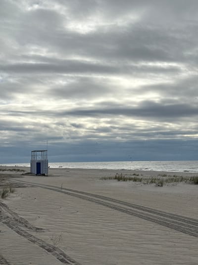 The image displays a wide, sandy beach in Yantarny, Russia, under an overcast sky dominated by layered gray clouds with brighter streaks. The Baltic Sea extends to the horizon, appearing grayish-blue with visible waves breaking near the shore; a flock of numerous small dark birds is observed flying over the water in the distance. In the immediate foreground, two distinct sets of parallel vehicle tire tracks are imprinted into the light-colored sand, extending diagonally from the lower left towards the mid-right. Sparse clumps of dry beach grass are scattered across the sand, particularly forming small mounds. In the mid-ground on the left, a two-story structure, identified as a lifeguard tower or observation post, stands on the sand. It features a light-colored framework, possibly white or light blue, an enclosed lower level with a dark blue door, and an open upper platform equipped with railings and a thin antenna extending upwards. In the distant background on the left, several indistinct human figures are visible near the waterline, indicating minimal human presence on the beach.