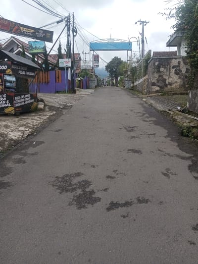 The image displays an asphalt road leading uphill and receding into the distance, flanked by buildings and utility infrastructure under an overcast sky. Commercial signage visible within the scene, containing text in Indonesian (e.g., "RISOL'S EXTRA PEDAS & ORIGINAL," "RISOL CAP ANNE KETAGIHAN DILUAR TANGGUNG JAWAB KAMI"), is inconsistent with the specified location of Ariyalai East, Sri Lanka.
On the left side of the road, a black kiosk advertises food items with Indonesian text. Above and behind the kiosk, a dense network of utility wires originates from a tall pole, supporting multiple signs, including a red banner, a blue sign, and a green sign featuring "VALLEY OF LIN." Several buildings with red-tiled roofs and painted walls, some purple, are situated behind these elements.
On the right side, a low stone wall composed of embedded rocks parallels the road, with a concrete drainage channel at its base. A larger, light-colored building with a brown-tiled roof is positioned behind the wall. Vegetation is present along the road edge and atop the wall.
In the midground, a prominent light blue archway spans the road, possibly indicating a gateway. Utility poles continue along both sides of the road past this archway. The asphalt road surface exhibits irregular dark patches, consistent with dampness or stains. Distant hills or mountains are visible under a cloudy sky. No individuals or vehicles are present within the observable scene.