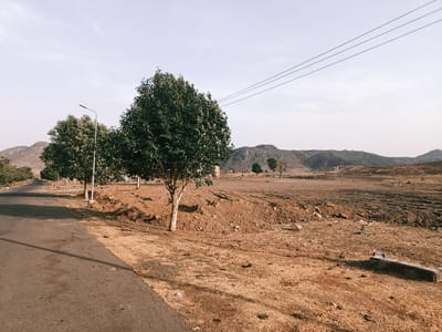The image shows a rural scene in Rafin Pa, Nigeria. A paved road runs along the left side of the frame, bordered by a row of trees and a lamp post. The trees have green foliage, and their trunks are light in color. Beyond the trees, the landscape transitions to a dry, cultivated field. The soil is a mix of brown and red hues, with visible tilling marks. In the distance, rolling hills are visible against a pale sky. Overhead, electrical wires stretch across the sky. A concrete block sits on the ground to the right of the frame. There are no people visible in the image.
