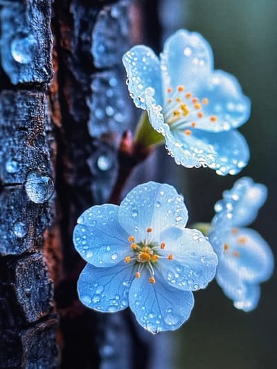 This media file is a close-up photograph of three delicate, pale blue flowers with yellow stamens, each adorned with glistening water droplets. The flowers are clustered together, with the foreground bloom being the sharpest and most detailed. Behind them, two other flowers are visible, slightly out of focus. The background is a dark, muted green, suggesting a natural setting.
The flowers are resting on a textured surface that appears to be dark, weathered wood, possibly bark or a log, also speckled with water droplets. One prominent water droplet sits on the wooden surface in the foreground, catching the light. The lighting suggests it could be early morning or late afternoon, with soft, diffused light that highlights the dew on the petals and wood.
There is no visible text, people, or specific activity occurring. The overall mood is serene and peaceful, emphasizing the beauty of nature and the delicate details of the flowers after a rainfall or heavy dew. The location context of Pastavy, Belarus, suggests a natural, temperate environment where such flora would be found.