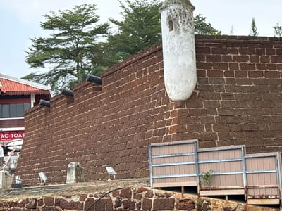A brick wall with cannons on top and a white tower at the corner. The wall is made of reddish-brown bricks and the cannons are black. Behind the wall are green trees. There are three sets of gray fencing in front of the wall. There is a building to the left with a red roof.