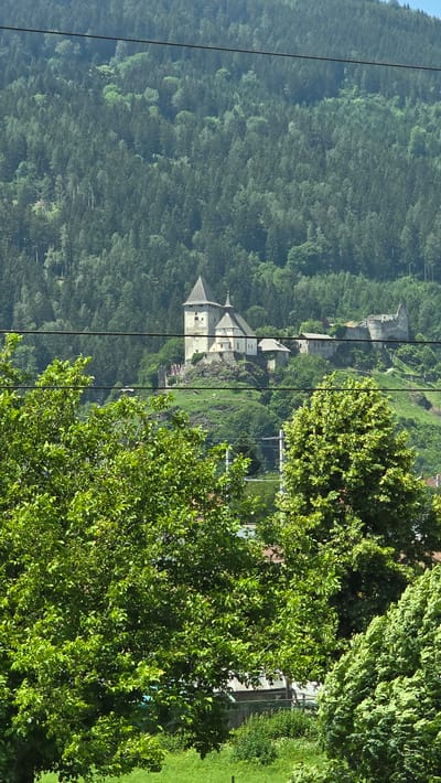 The image shows a distant view of a castle complex on a hill, partially obscured by trees in the foreground. The castle appears to be constructed of stone and features multiple towers and buildings. The hill is covered in green grass, with a dense forest of evergreen trees rising behind it. The sky is clear and blue. The scene is identifiable as the Friesach Castle in Friesach, Austria.