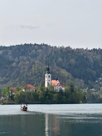The image depicts Lake Bled in Slovenia. On the far right is a portion of Lake Bled, with light reflecting off its surface. A small boat carrying several people is visible on the lake. To the left of the lake is land, densely covered with trees and some buildings with red-tiled roofs. Among these buildings is a notable white building with a steeple, likely part of the Bled Castle. In the background is a dense forest. The sky is overcast, suggesting a cloudy day. The overall scene suggests a tranquil, scenic view typical of Lake Bled.