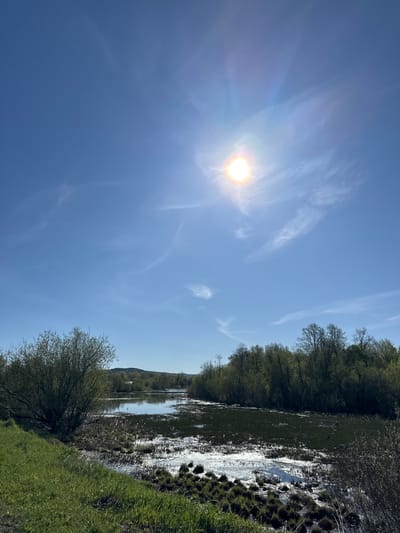 The image depicts a landscape scene near Krilovo, Russia. A body of water, possibly a river or lake, is flanked by trees on one side and grassy vegetation on the other. The water surface reflects sunlight, creating bright highlights. The sky is blue with scattered cirrus clouds, and the sun is visible with lens flares. A small hill is visible in the background.