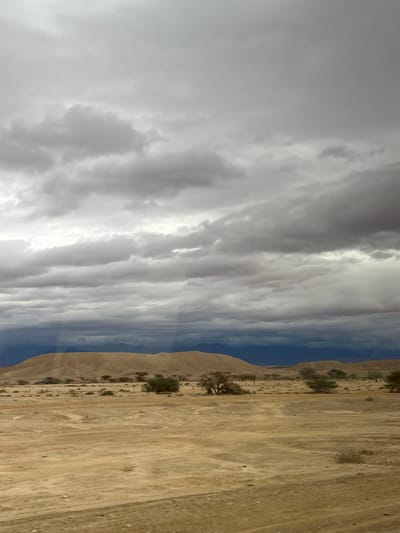 The image displays an expansive arid desert landscape located in the Arava Tichona Regional Council, Israel. The upper two-thirds of the frame are dominated by a heavily overcast sky featuring dense, dark gray stratocumulus clouds with interspersed lighter gray areas. Several vertical streaks of light, consistent with crepuscular rays or lens flares, are visible in the upper-mid-left quadrant, extending downwards from the cloud layer.
The lower third of the image consists of flat to gently undulating light brown and sandy-colored desert terrain. Multiple irregular dirt tracks are visible across the foreground and midground. Sparse, dark green, low-lying trees and shrubs are scattered throughout the midground. Beyond these, a series of larger, light brown, rounded hills rise in the background, culminating in a distant, dark blue-purple mountain range along the horizon. No people, animals, or artificial structures are discernible. No actions or interactions are depicted. The scene presents a remote natural environment under overcast conditions.