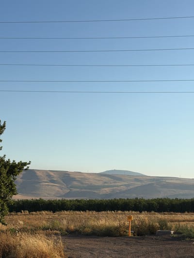 The image depicts a landscape with a clear blue sky on the left, bisected by several parallel power lines. To the right, a mountain range is visible in the distance, partially obscured by haze. The foreground features a line of dark green vegetation, followed by a field of dry, golden grass. A dirt road runs alongside the grass field, with a yellow marker post standing near the edge. The presence of arid vegetation and distant mountains suggests a rural environment. The specific location is Galil Tachton Regional Council, Israel.