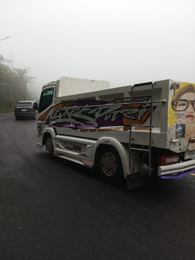 The scene depicts a customized white light-duty truck on a wet asphalt road in Phoxay, Laos, under conditions of heavy fog. The truck features elaborate graphic decals in purple, orange, black, and white on its cabin and side panels, with text including "ENJOY YOUR PROCESS AND SEE THE RESULT" and "PERI SIGN CONCEPT CUSTOM WORK". The rear of the truck displays a large graphic of a face wearing glasses and a partial license plate "F-8144, 63-23, LAOS". A silver metal ladder is affixed to the side of the truck's white bed. Further down the road, a dark-colored SUV with license plate "P 236 VP" is visible, partially obscured by the fog. Lush green foliage and a utility pole line the left side of the road, also partially veiled by the thick mist. No individuals are present in the image.