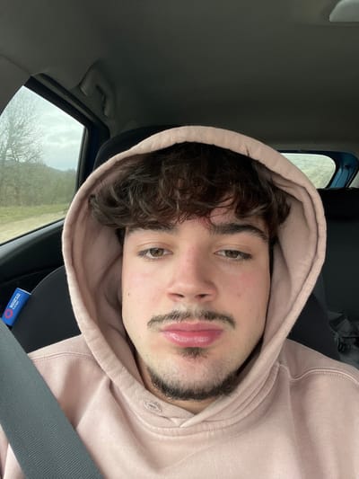 A young male is depicted seated in the passenger seat of a vehicle in Lamego, Portugal. He has curly brown hair, brown eyes, a mustache, and a goatee, and is wearing a light pink hooded sweatshirt with the hood drawn over his head. A dark seatbelt extends diagonally across his chest and shoulder. To his left, a partially visible blue and white object, possibly branded "SPARCO", is situated in a seat pocket or crevice. Through the vehicle's left window, an outdoor environment with bare trees, vegetation, and an unpaved path under an overcast sky is visible. The rear window of the vehicle is partially visible on the right, showing a blue frame.