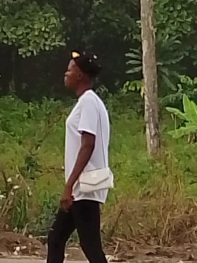 The image captures a person in profile, appearing to be walking outdoors. The individual is positioned slightly to the left of the frame's center, facing towards the left.

The person has dark skin and is wearing a black cap with two prominent, light-colored, possibly yellow or beige, ear-like adornments on top, resembling cat ears. They are dressed in a plain white short-sleeved t-shirt with a thin dark trim around the collar. A light-colored, possibly off-white or beige, cross-body bag with a flap closure is worn over their right shoulder, resting against their hip. A small, dark emblem or logo is faintly visible on the front flap of the bag. The person is also wearing black trousers or leggings. Their arms are down by their sides, and their posture suggests movement, as if taking a step forward.

The background is dominated by lush green foliage, indicating an outdoor, possibly natural or semi-rural environment. Various shades of green, from darker dense bushes to lighter, broader leaves, create a rich backdrop. A slender, light-colored tree trunk stands vertically in the mid-ground on the right side of the image. Further to the right, some larger, broader leaves, possibly from a banana plant, are visible. The ground in the foreground appears to be an unpaved area, possibly dirt or gravel, with some scattered debris.

The lighting in the image is soft and diffused, suggesting either an overcast day or early morning/late afternoon light. No specific time of day or weather conditions can be definitively determined, nor are there any visible texts or specific identifiable locations. The person's facial expression is not clearly discernible due to the angle and resolution.