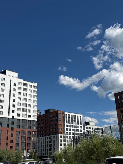 The image shows a clear blue sky with scattered white clouds above a modern residential complex in the city of Patrusheva, Russia. Several multi-story buildings with distinct architectural styles and color schemes are visible. The building on the far left is predominantly white with dark-framed windows and balconies. Adjacent to it, to the right, is another building with sections of brown and gray facades, also featuring numerous windows. Further to the right, another white building with dark accents is seen, separated by a black metal fence. The foreground is partially obscured by green trees and shrubs. Several cars are parked in the lower section of the image, suggesting a residential area. The overall scene depicts a bright, sunny day in a developed urban environment.