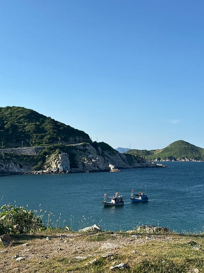 The image captures a coastal scene in Vĩnh Hải, Vietnam. In the foreground, a dry, rocky, and grassy embankment slopes down towards the water. The middle ground features the turquoise ocean with two small fishing boats. The boat on the left is lighter in color and appears to be an older model, while the boat on the right is painted blue. Both boats have red flags. In the background, a lush green, tree-covered hillside rises steeply from the water. A road with streetlights is visible winding along the side of the hill. The sky is a clear, bright blue. The overall impression is of a peaceful, sunny day by the sea, with human activity represented by the boats and the road.