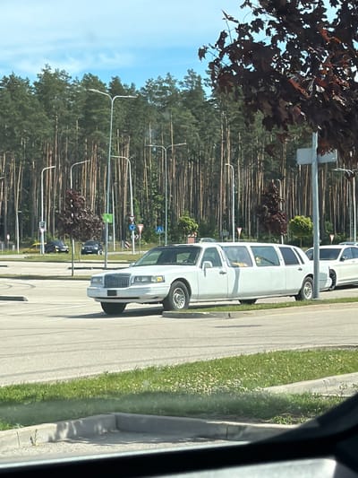 This media file depicts a white limousine parked on the side of a road, with a forest of tall, slender trees in the background. The limousine is the primary object, appearing elongated and classic in style, with multiple windows. It is positioned on an asphalt road, adjacent to a grassy verge and a concrete curb.
The scene is set outdoors, likely during the daytime due to the bright illumination and clear blue sky visible in the upper left portion of the image. The weather appears sunny. The trees are densely packed, suggesting a rural or semi-rural setting, which aligns with the provided location context of Ulbroka, Latvia.
Several streetlights are visible along the roadside, indicating it is a developed area. Traffic signs are also present, one with a blue background and a white symbol, and another with red and white triangular elements. There are also some smaller trees and bushes scattered amongst the larger trees, with some darker foliage in the foreground, possibly from a deciduous tree.
There is no clear indication of any people or specific activity taking place, other than the limousine being parked. The image seems to be taken from a vehicle, as suggested by the dark frame at the very edge of the right side. The overall impression is one of a quiet, roadside scene in a natural setting. No legible text is visible in the image.