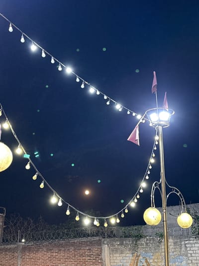 Looking up into a dark sky, one sees strings of lights hanging from a golden lamppost which is decorated with pink pennant flags. The light strings are strung in a semi-circular arc. The scene looks as though it could be located in Tejalpa, Mexico because of the architectural style of the buildings near the right border of the photo, made of red brick with gray mortar, which are topped with barbed wire and overgrown with vines.