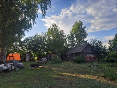 This image captures a rustic, outdoor scene, likely a private plot or backyard in a rural area like Полянки, Russia. The sky above is partially cloudy with large white cumulus clouds set against a blue backdrop, suggesting fair weather. Lush green trees, with their leaves illuminated by sunlight, frame the upper and lower parts of the scene (when correctly oriented).
The ground is covered in grass, showing varied textures and tones, with areas brightly lit by what appears to be late afternoon or early evening sun, casting long shadows. Several weathered wooden structures are present: a larger building with a sloped, possibly corrugated roof on the left, and a smaller shed with a visible window further to the right. Piles of red bricks and other discarded materials are stacked near the larger building, indicating ongoing work or storage.
Prominently featured on the right side of the image is an orange tent-like structure or tarp-covered shelter, with some wooden planks or a ladder leaning against it. Various utilitarian items, such as metal buckets, pots, and a makeshift table with dark containers, are scattered around the grounds, suggesting active use or storage in this lived-in, somewhat cluttered environment. No explicit activity is taking place, but the scene conveys a sense of a working, rural homestead. There is no visible text in the image.