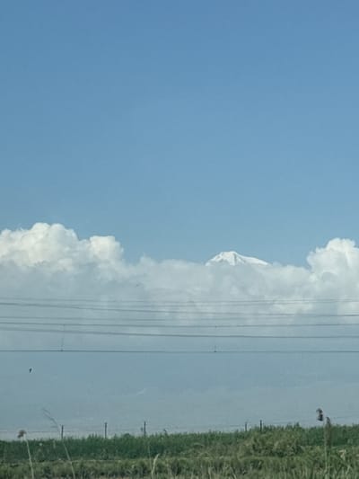 The image depicts a sky with scattered clouds, suggesting a partly cloudy day. A prominent cumulus cloud formation dominates the right side of the frame, with a hint of a snow-capped mountain peak visible within its structure. In the background, a thin line of green vegetation runs vertically along the right edge of the image, possibly representing a field or trees. Several utility lines are strung horizontally across the frame, running parallel to each other. The overall lighting and sky color indicate it's daytime, likely under clear or mostly clear skies, with fair weather conditions. The scene appears to be an outdoor landscape, possibly a rural or semi-rural area, given the presence of vegetation and utility lines. No people or specific objects are clearly discernible besides the natural elements and infrastructure. The orientation of the image is vertical, with the sky taking up the majority of the frame.