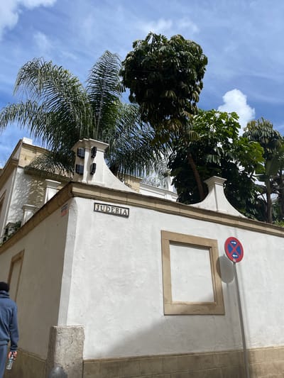 A low-angle shot depicts a white-walled building under a partly cloudy blue sky. A street sign reading "JUDERIA" is attached to the wall near the roofline. Above the street sign, there is a framed rectangle. A traffic sign indicating no stopping is mounted on a pole above the framed rectangle. The building is partially obscured by trees and palm fronds. A person wearing a blue jacket is partially visible in the lower right corner of the image. The street is located in the Jewish Quarter of Jerez De La Frontera, Spain.
