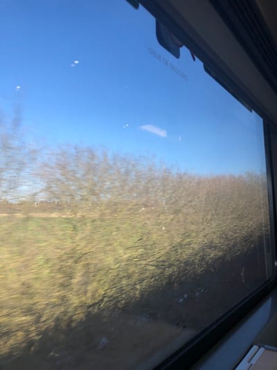 The image presents a view from inside a moving vehicle, likely a train, looking out a window onto a landscape in Hochfelden, France. The upper portion of the window frame is visible in black, with white French text "ISSUE DE SECOURS" (Emergency Exit) printed or reflected on the glass in the upper right quadrant. Reflections of interior lights or objects appear as small, bright circles and a horizontal rectangle on the glass. The exterior view features a clear, bright blue sky in the upper third. Below the sky, a dense line of bare deciduous trees or bushes spans the mid-ground, exhibiting significant horizontal motion blur, indicating rapid movement past the vegetation. Beneath the trees, an open field with sparse green and brown growth is visible, also heavily blurred horizontally. In the distant background on the far left, faint, static structures resembling buildings with reddish roofs are discernible. The immediate foreground, seen through the lower right of the window, is a dark, indistinct, and horizontally blurred area. No people or animals are present.