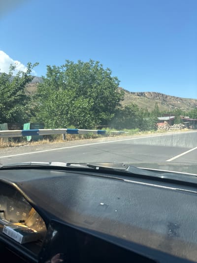 The image shows a view from inside a car driving on a sunny day. The dashboard is visible in the foreground, with a cigarette pack and a speedometer displaying 220 km/h. Outside the car, a road curves to the right, bordered by a guardrail with blue and white stripes. Beyond the guardrail, there are trees and vegetation, with a mountainous landscape in the background. A few buildings, appearing to be rustic structures with red roofs, are visible near the road on the right side. The sky is clear and blue. The image is consistent with a scene from the city of Arpi, Armenia, given the arid mountainous terrain and the presence of simple rural structures.