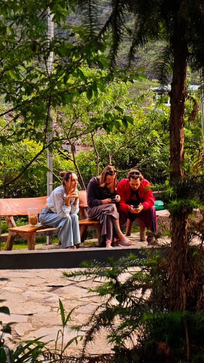 In Sà Phìn Commune, Vietnam, three individuals are seated on a long, rustic wooden bench placed on a stone-paved area. A woman on the left, with her hair up, wears a light-colored shirt and blue jeans and is holding food, possibly nuts. The individual in the middle, with long hair, is clad in a dark-colored robe and is looking at a phone. To the right, another person in a red jacket also seems to be engrossed in a mobile phone. A clear container holding food sits on the bench. The scene is framed by foliage and a tree in the foreground, with greenery and buildings visible in the background. Powerlines can be seen running through the background foliage.