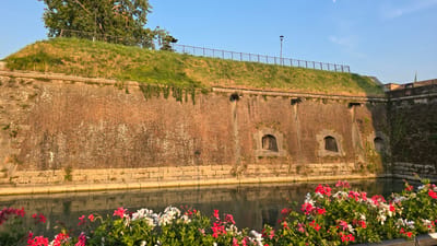 This is a photograph of a section of an old brick fortification, possibly a fort or castle, situated alongside a body of water. The wall is constructed from weathered red bricks and features several square openings that appear to be embrasures or windows. Above the wall, a lush green embankment covered in grass slopes down towards the water. A line of vibrant pink and white flowers spills over the top edge of the fortification, adding a splash of color to the scene.

In the foreground, below the embankment, a clear blue sky is visible, with a single streetlight and a metal railing. A large tree with green leaves is situated on the right side of the frame, partially obscuring the sky. The water reflects the wall and the overhanging flowers, creating a mirrored image. The overall impression is one of historical architecture integrated with nature. The lighting suggests it is daytime, likely late afternoon given the warm tones of the brick. The setting appears to be Peschiera del Garda, Italy, known for its historic fortifications. There is no visible text in the image.