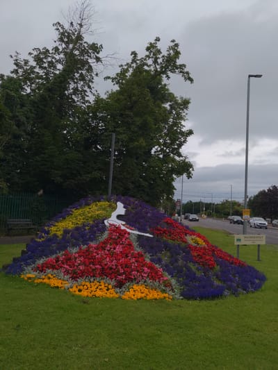A large, colorful floral display is the central subject of this outdoor photograph, situated on a grass verge. The display is arranged in tiers and features a white silhouette of a woman's profile integrated into the arrangement. The flowers are predominantly in shades of purple, yellow, red, and pink, with some grey foliage mixed in. Behind the floral display, lush green trees form a dense backdrop, and a metal fence with a bench is visible to the left. To the right of the floral display, a road with passing cars is present. A street lamp stands tall on the right side of the image. In the distance, more trees and buildings are visible, under a cloudy sky. A sign to the right of the floral display reads "MAGHERAFELT BEST KEPT MEDIUM TOWN 2015". The image appears to be taken in Magherafelt, United Kingdom.