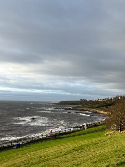 The image displays a coastal panorama in Crail, United Kingdom, viewed from an elevated grassy slope on an overcast day.
The sky occupies the upper half, presenting a broad expanse of grey, layered stratocumulus clouds with lighter, brighter areas near the horizon suggesting diffuse sunlight breaking through. Below the horizon, the North Sea stretches across the mid-ground, exhibiting dark, choppy waters with numerous white-crested waves crashing against the rocky shoreline. Several dark rock formations are visible within the nearshore waters.
In the foreground, a vibrant green, neatly maintained grassy slope dominates the lower right, descending towards a dark, paved pedestrian path. This path runs horizontally across the scene, bordered by a low, dark wooden post-and-rail fence that separates it from the immediate coastal edge. A dark-colored public park bench faces the sea from beside the path. Immediately to the left of the bench, a prominent red lifebuoy is mounted on a white pole. Further left along the path, two dark blue public waste bins are positioned near the fence, with a dark-colored bicycle leaning against the fence beside them.
The coastline extends from the mid-left into the far distance, characterized by rugged, rocky beaches and coves. The land beyond the immediate shoreline rises into a series of green grassy cliffs and undulations. A cluster of buildings, including several residential structures and a larger, multi-gabled, light-colored stone building (possibly a historic manor or castle ruin), is visible atop a distant headland. Bare deciduous trees, devoid of leaves, are scattered along the distant landmass, with a more substantial bare tree partially visible on the far right of the foreground slope. No people are present in the scene.