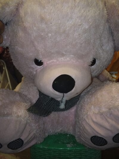 The image depicts a large, light pink plush teddy bear positioned centrally, facing forward. The bear has large black eyes and a prominent black, rounded nose. A black and white polka-dotted scarf or bow is tied around its neck. Below the nose, a white stitch or string is visible. The bear's paws feature black oval pads with white dots. It is seated on a green, textured object resembling a plastic stool or container. The background is partially visible and out of focus, revealing blurred indoor elements. The scene is located in Madinaty, Egypt.
