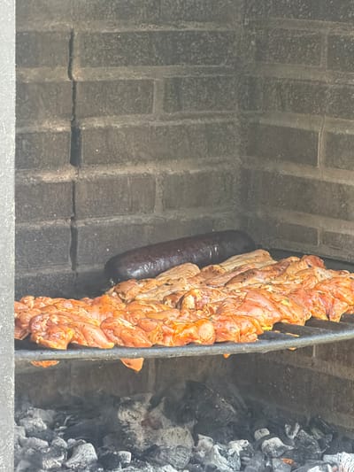 An outdoor barbeque grill is set up against a dark brick wall. On the grill, there are two rows of food. The front row consists of numerous small pieces of marinated meat, likely chicken, arranged in a dense layer. Behind this, there is a dark, elongated sausage or blood sausage. Below the grill, glowing embers and charcoal are visible, indicating the heat source. The overall scene suggests food preparation for a meal.