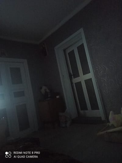 This is a vertically oriented, low-light media file taken indoors. The scene appears to be a room with a dark, patterned ceiling. In the center of the frame, there is a square ceiling fixture with a white cross shape dividing it into four rectangular panels. Below this fixture, and partially obscured by darkness, is a white door with two panels. The image also shows a hint of a shelf or furniture on the right side, with a colorful object, possibly a stuffed toy, resting on it. The overall impression is that of a dimly lit interior space, potentially at night or in a windowless room. There is no discernible activity or event taking place, and the mood is neutral due to the lack of detail and low light.

Visible text on the right side of the image, oriented vertically, reads: "REDMI NOTE 8 PRO AI QUAD CAMERA". The text is white against the dark background. There are no other discernible location cues beyond the provided context of Irbit, Russia.