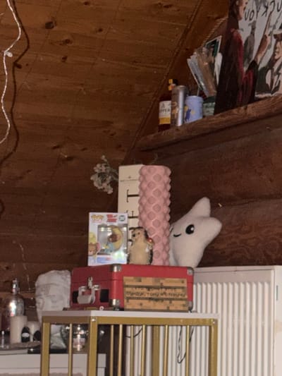 A cluttered scene with wooden walls features a white plush star, a pink egg crate, a toy hedgehog, and a Funko Pop box. A red tool box with text in a foreign language sits near an air conditioner. Below, string lights drape. Various bottles and containers are partially visible on a higher shelf, obscured by clutter and the angle of the shot.