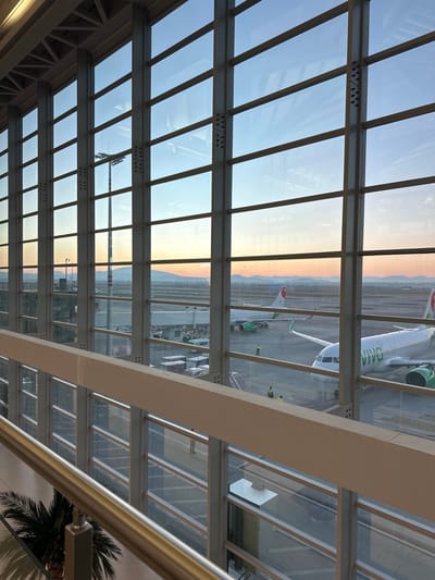 The image displays an interior perspective from a modern airport terminal, looking out onto an active apron at Felipe Ángeles International Airport (AIFA) in San Miguel Jaltocan, Mexico, during either sunrise or sunset.
The foreground is dominated by a multi-paneled glass curtain wall, supported by visible vertical and horizontal metal beams with bolted connections. A beige horizontal structural element or railing extends across the lower mid-section, with a reflective metal handrail and a portion of a green palm plant visible in the lower-left corner, indicating internal terminal decor. Overhead, exposed metal trusses are discernable through the upper glass panels.
Beyond the glass, the airport tarmac is visible, populated by two "Viva Aerobus" passenger aircraft. The prominent aircraft in the lower right features a white fuselage with green "VIVA AEROBUS" lettering and a green engine nacelle. Its tail, displaying the airline's green and red logo, is partially visible. A second "Viva Aerobus" aircraft is positioned further left and rear. Several airport ground personnel, distinguishable by their yellow high-visibility vests, are present on the tarmac, engaged in operations around the aircraft. Various white cargo containers and dollies are distributed across the apron, and a jet bridge is connected to one of the aircraft. A tall light pole stands centrally in the mid-ground.
The background reveals a distant, flat horizon transitioning into a range of mountains or hills, silhouetted against a sky that graduates from light blue to hues of orange and pink, consistent with twilight conditions.