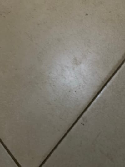 The image shows a close-up view of ceramic floor tiles. The tiles are a light beige or gray color with a slightly mottled surface. The grout lines between the tiles are dark. There are some small dark spots or blemishes on the surface of the tiles. There is no way to discern from the image any location of where the image was taken in Sabo, Nigeria, or any information about the people, subjects, objects, actions, interactions, or the environment from the image itself.