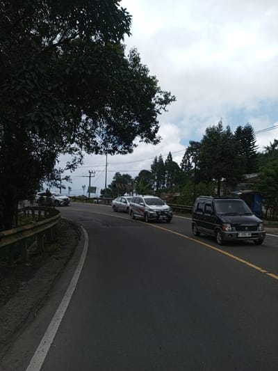 The scene depicts a multi-lane asphalt road curving to the left, under an overcast sky, in Boommlog, Bhutan. The road features a solid white line marking the left edge and double yellow lines indicating the center, separating traffic flow. No individuals are visible.
In the right lane, a black Suzuki Wagon R with the license plate "F 1352 BP" is in motion. Behind it, in the left lane, a white Toyota Avanza or Veloz, adorned with red and black side graphics, proceeds. Following the Avanza/Veloz is a silver sedan. Further down the curved road on the far left, a white SUV is also visible.
The immediate roadside on the left is bordered by a weathered yellow and black metal guardrail, above which dense, dark green foliage from large trees extends into the frame. In the mid-ground and background, utility poles with overhead lines are present. The broader environment consists of hills densely covered with a variety of trees, including conifers and deciduous species. Small, rudimentary structures are discernible amongst the trees on the right side of the background. The sky is largely overcast, displaying significant cloud cover with occasional patches of lighter sky.