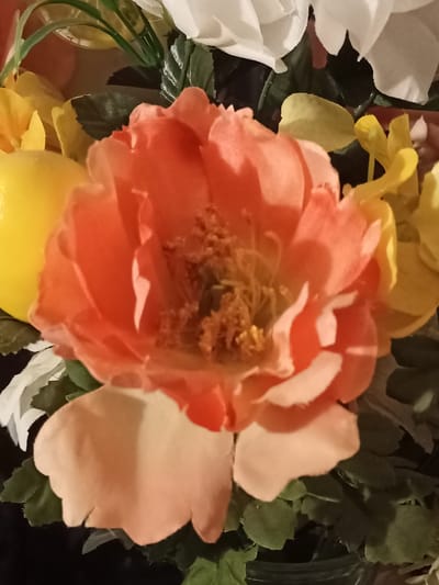 The image shows a close-up of a floral arrangement. The prominent flower in the foreground is a large, ruffled bloom in shades of coral and peach. To its left, a bright yellow, lemon-like object is visible, partially obscured by the flower. In the background, white and yellow flowers can be seen, along with green foliage and dark shadows. The arrangement appears to be artificial. There is no indication of the city of Amarillo, United States of America, or any specific location within it.