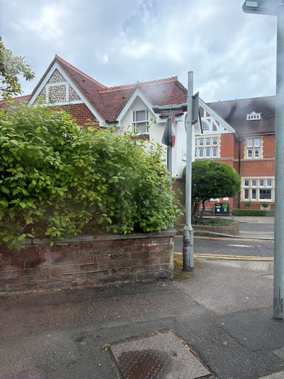 The image shows a street scene in Mole Valley, United Kingdom. In the foreground is a brick wall covered by green foliage. Behind the wall, a white house with a red-tiled roof is visible. Further down the street, there is a neatly trimmed bush and another brick building. The street itself is paved with asphalt and features double yellow lines. A metal pole or post is visible in the foreground, obscuring the view in places. A metal cover is seen on the right of the street. The sky is overcast. No people are visible in the frame.