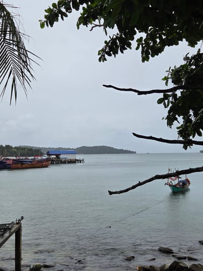 The image depicts a cloudy day scene at the Koh Toch Village, Cambodia. In the foreground, the edge of a concrete structure with a metal railing juts out over the water. The water is calm with small ripples and rocks visible beneath the surface near the shore. On the left side of the image, several boats are docked. The nearest boat is a colorful fishing vessel with red and yellow accents. Beyond it, other boats are moored together, some with red flags. A pier with a white building topped with a blue roof extends into the water. In the middle ground, a solitary green fishing boat is anchored in the bay, with a life preserver visible on its side. The horizon is marked by a densely forested island, and the sky is overcast with a pale gray hue. Branches and leaves of trees frame the top and right portions of the image, adding a natural element to the scene.