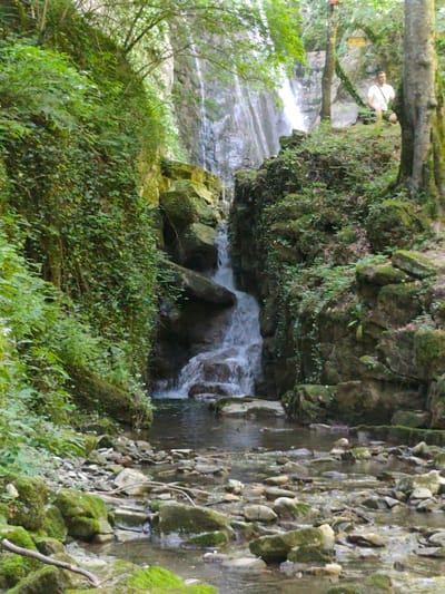 The image shows a man in a white t-shirt and dark shorts standing on a rocky outcrop to the right of a cascading waterfall. He is facing the waterfall and appears to be looking at it. The waterfall is surrounded by lush green vegetation, including trees and ivy-covered rocks. The water flows into a shallow stream at the bottom of the image, which is filled with rocks and pebbles. The scene appears to be in a natural, wooded environment, likely a park or nature reserve. The location is identified as Teteven, Bulgaria.