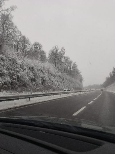 This image depicts a snow-covered highway scene in Crusnes, France, viewed from the interior of a vehicle looking forward through the windshield. The sky is a uniform, light grey, indicating overcast conditions with visible falling snow. The asphalt highway, featuring a clear white dashed lane divider, extends into the distance, appearing wet or recently cleared, while its shoulders and the median are blanketed in white snow. A silver metal guardrail runs along the left side of the road, separating it from a steep, snow-covered embankment densely populated with deciduous trees and shrubs, all heavily laden with snow. In the middle distance, a light-colored sedan is visible in the left lane, traveling in the same direction as the viewer. Additional faint vehicle outlines are discernible further down the road. The dark dashboard and a portion of the windshield frame are visible across the bottom of the image.