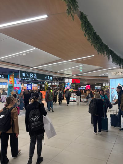 This image depicts an interior scene, likely at an airport, based on the presence of signs for transfer desks, passport control, and duty-free shops. The location is identified by the signs for "MILANO DUTYFREE" and "UZIONI FINE FOOD," suggesting it might be Milan Malpensa Airport in Ferno, Italy.
Several people are seen walking or standing in the area, some pulling luggage. A few shop signs for brands such as DIOR and MOSCHINO are visible. Directional signs are present, indicating "A" and "B" gates, with "PASSPORT CONTROL" and "TRANSFER DESKS" written below. The building features an artificial plant arrangement along a ceiling structure. The floor is tiled. There are illuminated white lights on the ceiling.