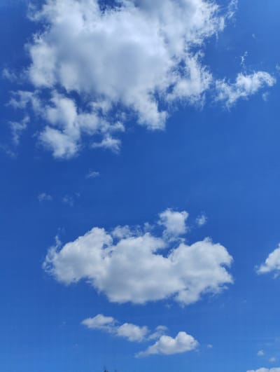 The image depicts a bright blue sky filled with scattered white cumulus clouds. The clouds are varied in size and shape, with some appearing fluffy and well-defined, while others are more wispy. The lighting suggests it is daytime, with sunlight illuminating the clouds from above, creating bright white surfaces and subtle shadows. The lower part of the image shows a hint of dark foliage against the blue sky, possibly indicating trees or the top of structures. The overall scene is serene and natural, characteristic of an outdoor environment. The location information indicates this sky view is from Багушэвіцкі сельскі Савет, Belarus.