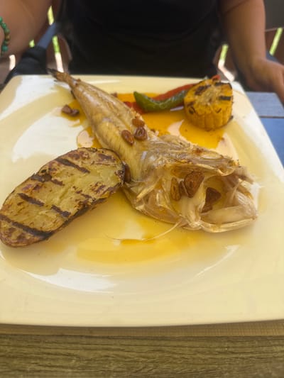 A close-up shot, taken from a slightly elevated angle, shows a whole grilled fish on a white plate. The fish, which appears to be a whiting or similar small fish, is presented with its head to the right, its tail extending towards the top left. It is garnished with sliced garlic. Accompanying the fish are two grilled potato halves, a slice of grilled corn on the cob, and a piece of grilled red pepper and a green pepper. The plate is coated in a light yellow oil. The scene is set outdoors on a wooden table, with a blurry background suggesting a restaurant setting in Santa Cristina d'Aro, Spain. A person's arm, wearing a green beaded bracelet, is visible on the left side of the frame, and another person's arm is visible on the right. The overall impression is of a freshly prepared meal ready to be served.