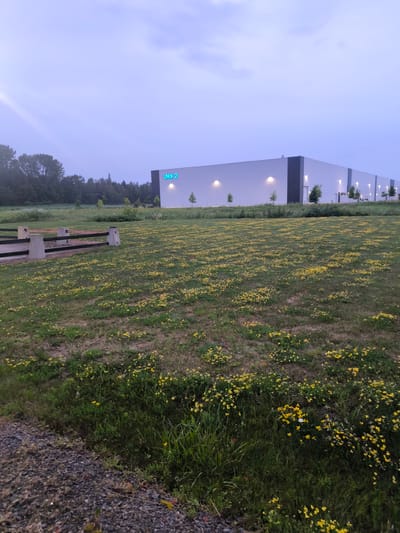 The image shows a large, modern warehouse-style building with the illuminated text "YMX 2" on its facade, likely in Mirabel, Canada. The building is painted white with a dark grey vertical accent on the corner. It is situated in an open area, with a vast field of green grass dotted with numerous small yellow wildflowers in the foreground. A low, concrete and wood barrier or fence is visible on the left side of the frame, partially obscuring the field. Trees and a dense line of foliage form a backdrop behind the field, separating it from the building and the sky. The sky is overcast with a pale, hazy blue hue, suggesting it might be early morning or late evening. There are no people or animals visible in the scene. The overall environment appears to be a semi-rural or industrial edge location.