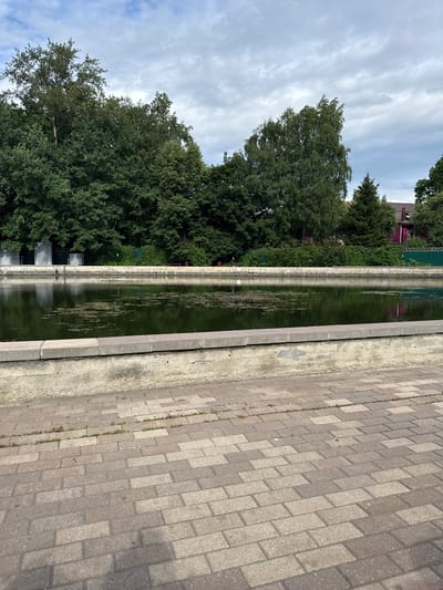 The image depicts an outdoor scene with a focus on a narrow, still canal or waterway. The canal is bordered on one side by a concrete embankment and on the other by a paved walkway constructed from rectangular brick-like pavers arranged in a herringbone pattern. Lush green trees and foliage line the far bank of the canal, with glimpses of red and green buildings peeking through the trees. The sky above is overcast with light, wispy clouds. The scene appears calm and natural, likely a public area such as a park or promenade. There are no people visible in the frame, nor any specific objects of interest beyond the general elements of the landscape. The time of day is indeterminate due to the cloud cover, but the lighting suggests it is daytime. The weather seems mild and possibly overcast.