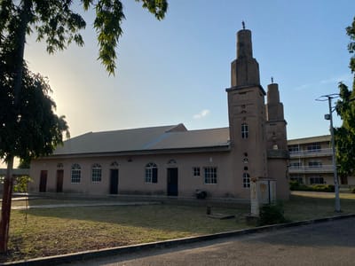 The image depicts a mosque in Tawpo, Nigeria. The mosque is a single-story building with a gabled metal roof. Attached to one side are two minarets, each topped with a crescent moon. The building's exterior is painted a light brown color. There are several windows and doors visible along the front facade of the mosque. The mosque is surrounded by a grassy area and a paved road. A multi-story building with balconies is visible in the background. A street light is present near the building in the background. Trees are scattered around the perimeter of the scene. The sky is pale blue, suggesting it may be early morning or late afternoon. No people are immediately visible in the image.