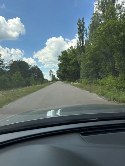 The image shows a view from inside a vehicle, looking out onto a rural road surrounded by lush green trees and a bright blue sky with fluffy white clouds. The road curves gently to the left, disappearing into the distance. The sun is shining, indicating it is daytime, and the weather appears to be clear and pleasant. The trees are dense and full of leaves, suggesting it is summer or late spring. The scene evokes a sense of peaceful travel through a natural landscape. The interior of the vehicle is partially visible on the right side of the frame, showing dark gray trim and a reflective surface. There is no visible text in the image. The setting is consistent with a location like Dovhe, Ukraine, known for its scenic rural beauty.