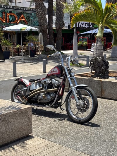 This is a vertical, eye-level shot of a custom motorcycle parked on a paved walkway in a sunny, outdoor setting. The motorcycle is the primary subject, angled so its front wheel, handlebars, and engine are prominently displayed. It features a black and red paint job with chrome accents. The engine appears to be a V-twin. The front wheel has a spoked rim and a disc brake. Text visible on the motorcycle's front fork reads "Perfect Cycles".
Behind the motorcycle, a large palm tree with a weathered trunk and green fronds partially obscures a building with a sign that reads "MIYAGI'S KITCHEN". The building has red accents and appears to be a restaurant or bar. Further in the background, more palm trees and an outdoor seating area with tables and chairs are visible. To the left of the frame, a large neon sign spells out "VIDA" with illuminated bulbs, and beneath it, text reads "FOOD & COCKTAIL". The scene suggests a tropical or Mediterranean location.
The lighting indicates it is daytime, likely late morning or afternoon, due to the strong shadows cast by the motorcycle and palm trees. The weather appears to be clear and sunny. The overall atmosphere is casual and relaxed, with the motorcycle suggesting a leisure or tourist destination. No people are clearly visible in the immediate vicinity of the motorcycle, though some figures can be seen seated at tables in the background.