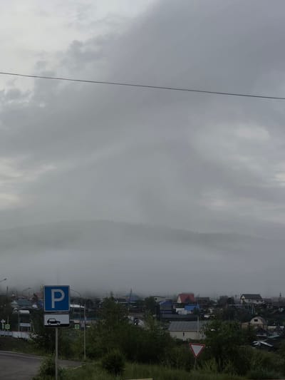 The image depicts a street scene in a village, likely in Chita, Russia, under overcast skies and fog. The dominant subjects are the residential houses with varying roof colors, interspersed with green trees and vegetation. A road is visible in the foreground, suggesting a transportation route.
Several traffic signs are present. A blue square sign with a white "P" indicates parking. Next to it, a rectangular sign shows a white silhouette of a car on a black background, possibly signifying a parking area for cars or a specific parking regulation. A triangular red and white sign, commonly used to indicate a "Give Way" or "Yield" warning, is also visible. Further down the road, smaller yellow signs with a triangle and an exclamation mark are placed, likely indicating further warnings or information for drivers. One of these signs has Cyrillic text that appears to read "СУХОДОЛ".
The atmosphere is hazy and diffused due to the fog, obscuring the distant view of the village and creating a somewhat muted color palette. The time of day is not clearly indicated but the gray, cloudy sky suggests it could be daytime. The overall impression is of a quiet, perhaps damp, day in a rural or semi-rural setting. There are no people clearly visible in the frame. The presence of parked vehicles in the background suggests this is an active area despite the weather.